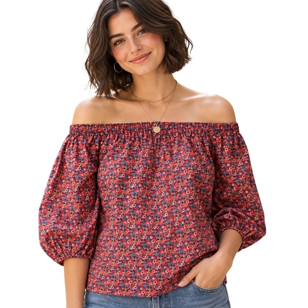 BA&SH Gustave Off Shoulder Top Womens Medium Floral Cotton Poplin Puff Sleeve